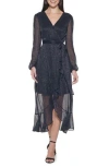 Kensie Long Sleeve Shimmer Knit Midi Dress In Blue/black
