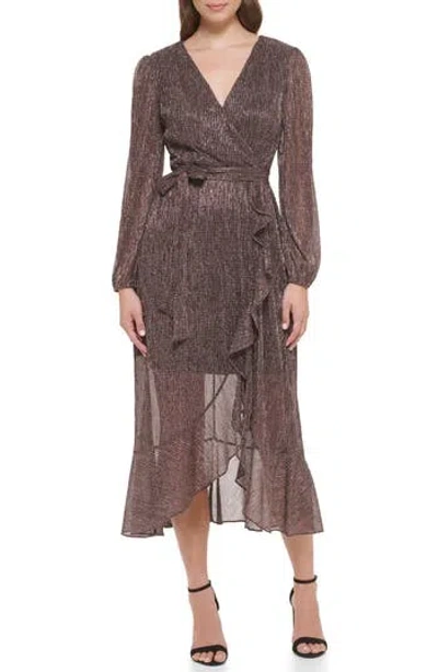 Kensie Long Sleeve Shimmer Knit Midi Dress In Brown