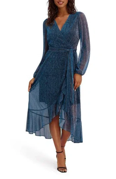 Kensie Long Sleeve Shimmer Knit Midi Dress In Blue