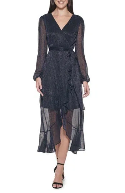 Kensie Long Sleeve Shimmer Knit Midi Dress In Black
