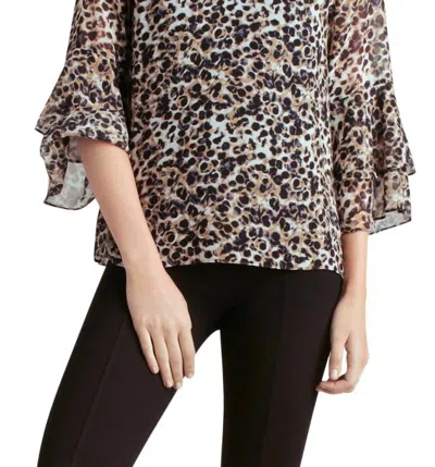 Kensie Long Sleeve Tie Front Top In Black In Animal Print