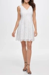Kensie Metallic Lace Fit & Flare Dress In Ivory/silver