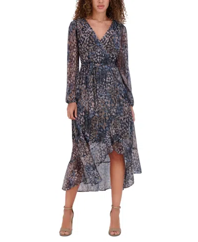 Kensie Midi Wrap Dress Womens Blue Multi Ruffle High-low Asymmetric Hem Ups560 In Brown