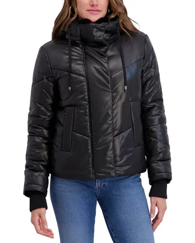 Kensie Mixed Quilt Puffer Jacket In Black