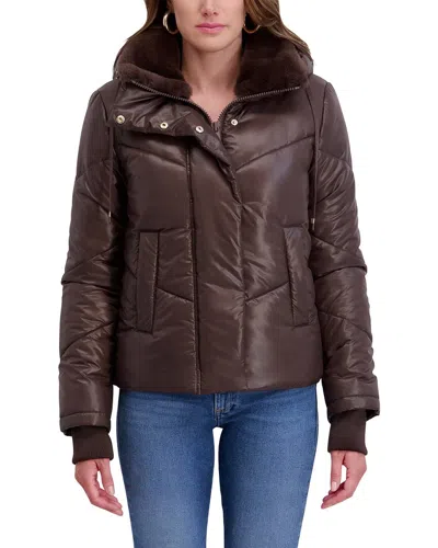Kensie Mixed Quilt Puffer Jacket In Brown