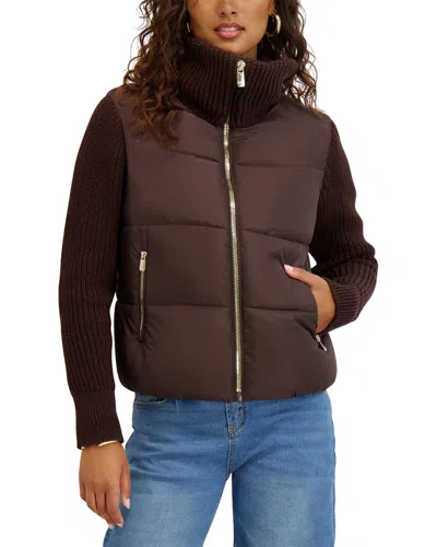 Kensie Mixed-media Puffer Jacket In Brown