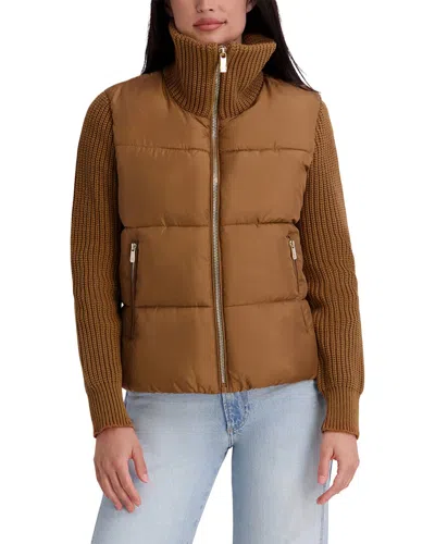 Kensie Mixed-media Puffer Jacket In Brown