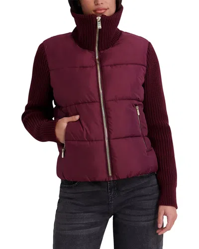 Kensie Mixed-media Puffer Jacket In Burgundy