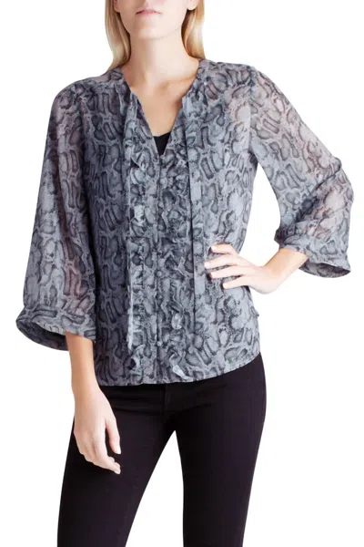 Kensie Neck Tie Long Sleeve Top In Snakeskin In Multi