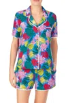 Kensie Notched Collar Front Patch Pocket Short Sleeve Sleep Pajama Shirt In Palm Leaves In Multi