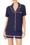 Kensie Notched Collar Front Patch Pocket Sleep Pajama Shirt In Navy In Blue