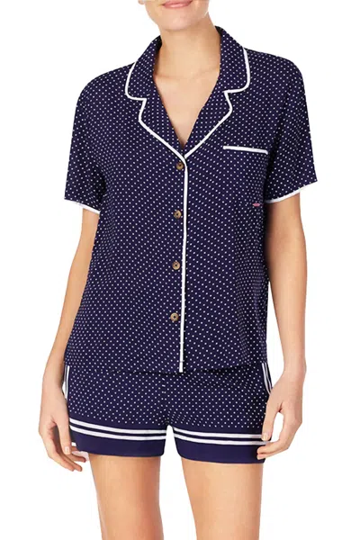 Kensie Notched Collar Front Patch Pocket Sleep Pajama Shirt In Navy In Blue