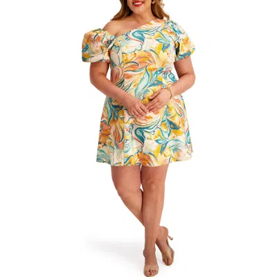 Kensie One-shoulder Puff Sleeve Fit & Flare Dress In Green