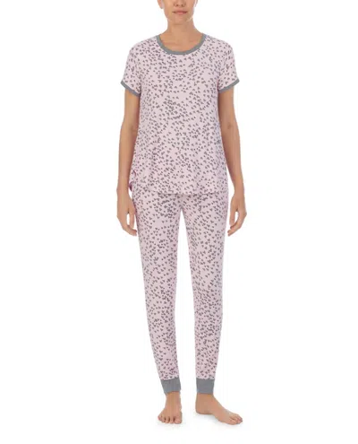 Kensie Perfect Petals Hearts Short Sleeve Pajama Tee And Jogger Set In Pink/grey