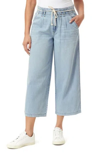 Kensie Pleat Front Crop Wide Leg Drawstring Jeans In Blue