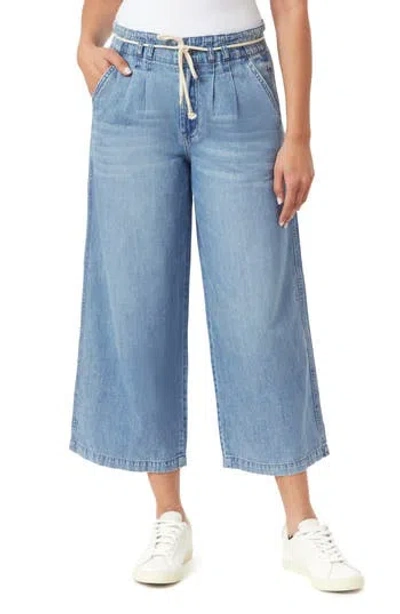Kensie Pleat Front Crop Wide Leg Drawstring Jeans In Blue