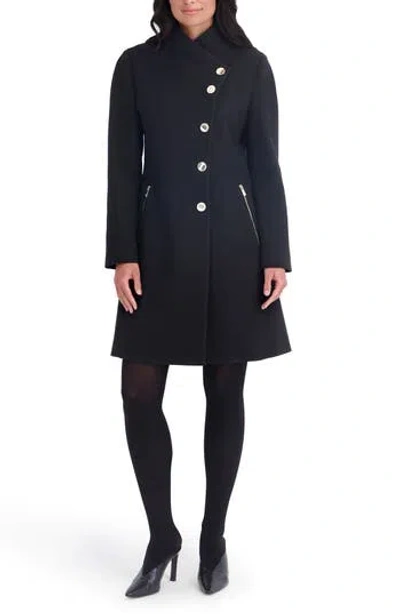 Kensie Pleated Peplum Faux Wool Coat In Blue