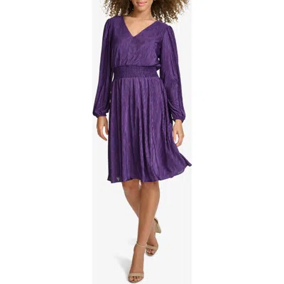 Kensie Pleated V-neck Long Sleeve A-line Dress In Purple