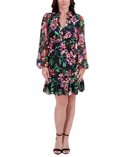 Kensie Printed Heavy Lace Mini Dress In Black