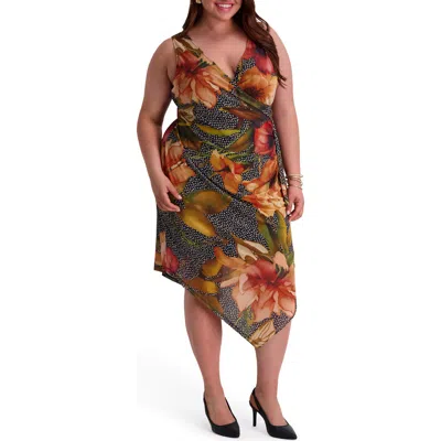 Kensie Printed Mesh Asymmetrical Faux Wrap Dress In Multi