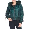 Kensie Puffer Winter Crop Faux Fur Lace Up Jacket In Green In Green