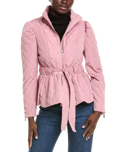 Kensie Quilted Puff Sleeved Belted Jacket In Pink