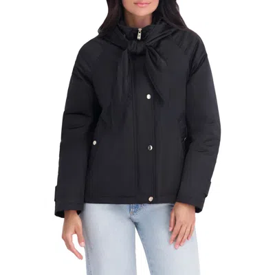 Kensie Quilted Satin Jacket With Bow In Black