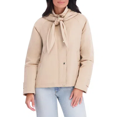 Kensie Quilted Satin Jacket With Bow In Neutral