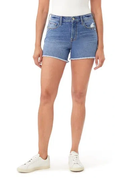 Kensie Rivet Frayed Hem Denim Shorts In Blue