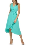 Kensie Womens Asymmetric Mid-calf Wrap Dress In Aqua Spray
