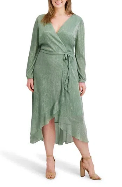 Kensie Ruffled Metallic Long Sleeve High-low Maxi Dress In Green