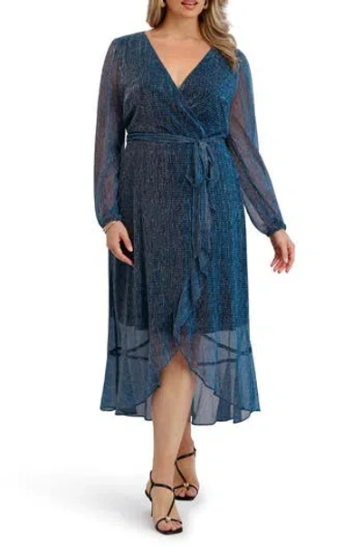 Kensie Ruffled Metallic Long Sleeve High-low Maxi Dress In Blue