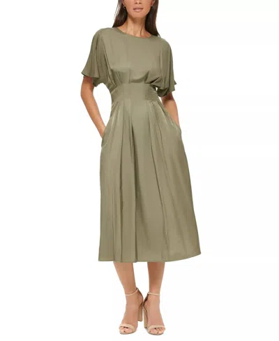 Kensie Satin Blouson Midi Dress In Olive In Green