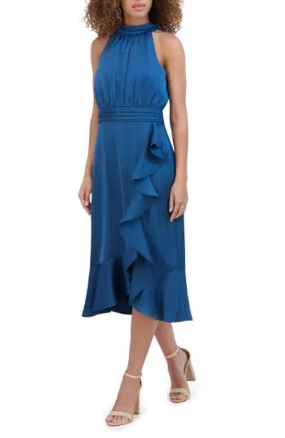Kensie Satin Ruffle Halter Dress In Blue
