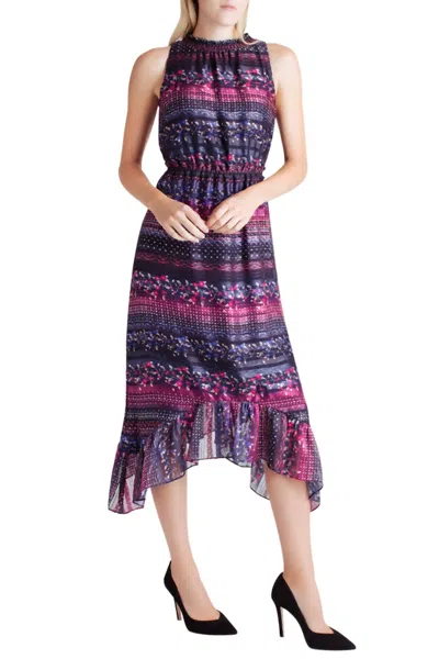 Kensie Satin Stripe Ruffle Hem Sleeveless Midi Dress In Navy In Blue