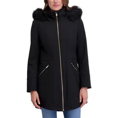 Kensie Shelled Faux Fur Trim Hooded Parka In Black