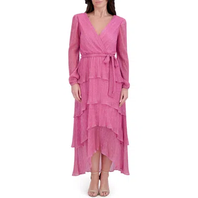 Kensie Shimmer Knit Long Sleeve Tiered Ruffle Dress In Pink