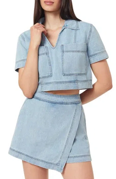 Kensie Short Sleeve Denim Crop Top In Blue