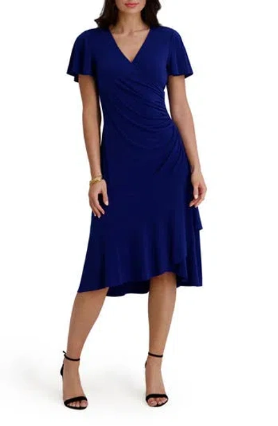 Kensie Short Sleeve Faux Wrap Midi Dress In Blue