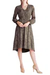 Kensie Smocked Delicate Burn Out Long Sleeve Midi Dress In Brown In Brown