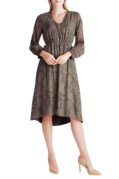 Kensie Smocked Delicate Burn Out Long Sleeve Midi Dress In Brown