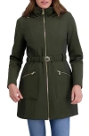 Kensie Hooded Belted Zip-up Coat In Green