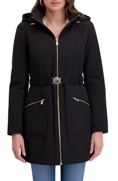 Kensie Soft Shelled Hooded Belted Zip-up Coat In Black