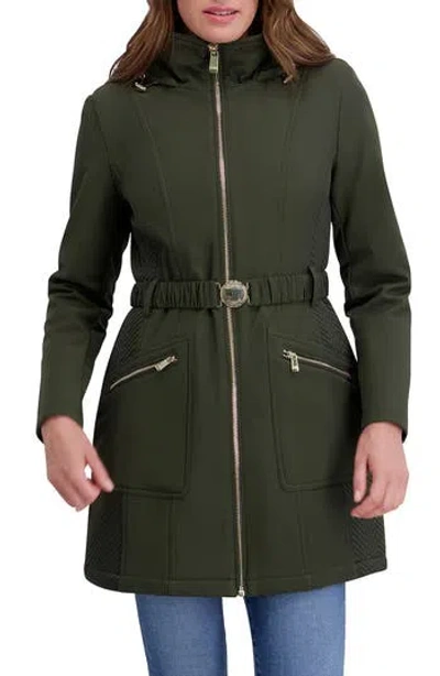 Kensie Soft Shelled Hooded Belted Zip-up Coat In Green