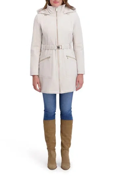 Kensie Soft Shelled Hooded Belted Zip-up Coat In White