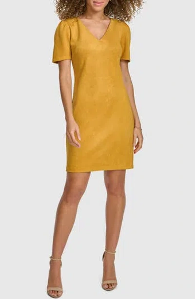 Kensie Stretch Faux Suede Shift Minidress In Canary