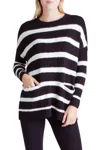 Kensie Striped Variegated Cotton Blend Long Sleeve Sweater With Pockets In Black In Black