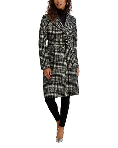 Kensie Textured Faux Wool Plaid Trench In Black