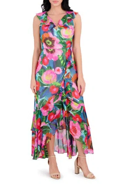 Kensie Tiered Ruffle Wrap Style Midi Dress In Multi