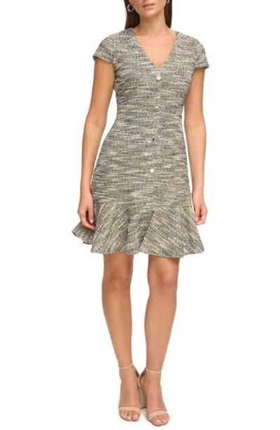 Kensie Tweed Flare Hem Dress In Navy/gold
